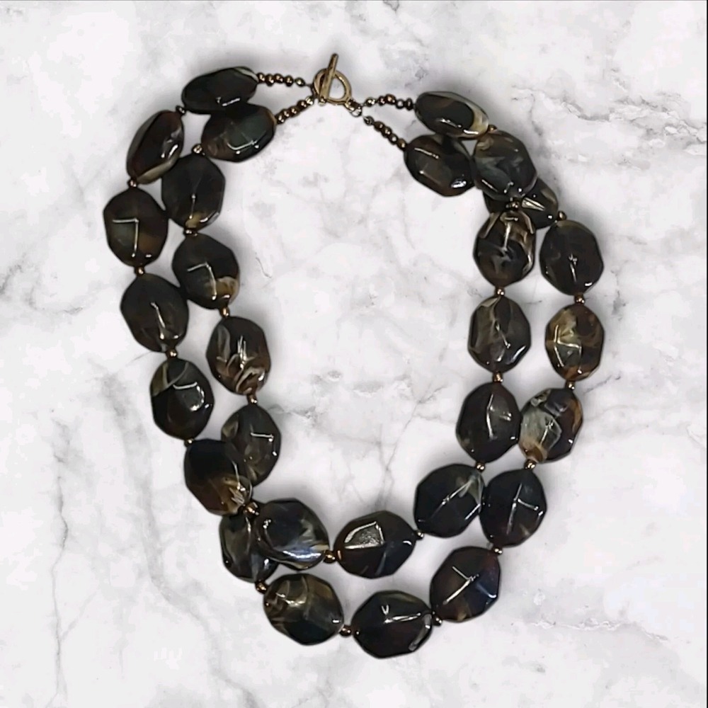 Chunky Brown Swirl Lucite Acrylic Bead Double Strand Statement‎ Necklace 17"